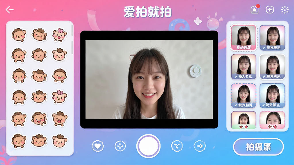 爱拍就拍大头贴软件主界面全景展示,画面中央是摄像头实时预览窗口,四周环绕卡通贴纸素材面板、滤镜缩略图和拍摄按钮,界面风格活泼明亮,配色以粉蓝渐变为主,布局清晰分区明确,细节包含贴纸图标、边框样式和文字标签,画质清晰,干净,无多余元素