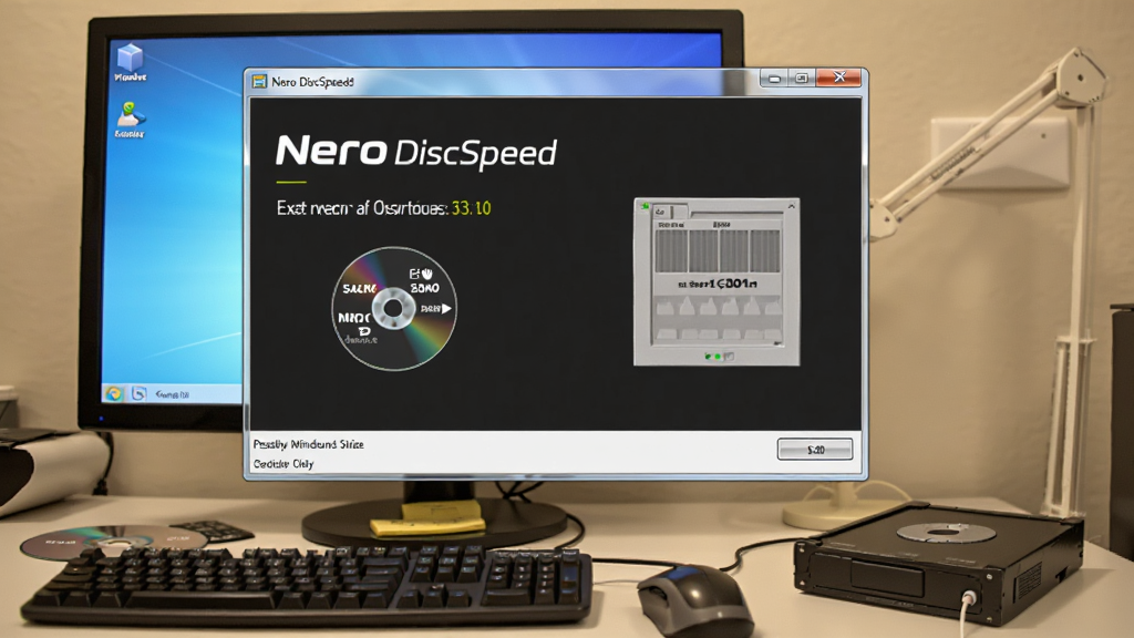 һ��չʾ Nero DiscSpeed �� Windows ���������в��Ե�ͼƬ������Ϊ��������������豸����������������λ�ڻ������롢����λ�����½ǣ��Ű�Ϊ��������ͼ�����Ϊ��ʵ�칫�������ϸ�ڰ�����ʾ����Ļ��������ꡢ������������Ʒ�����������ɾ��޶���Ԫ�ء�