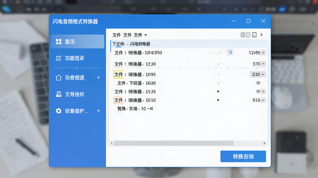 软件主界面展示,画面中央是“闪电音频格式转换器”软件窗口,左侧为功能导航栏,右侧为文件列表和转换按钮,整体采用蓝白配色,风格简洁现代,界面干净无多余元素,高清画质,适合下载站展示