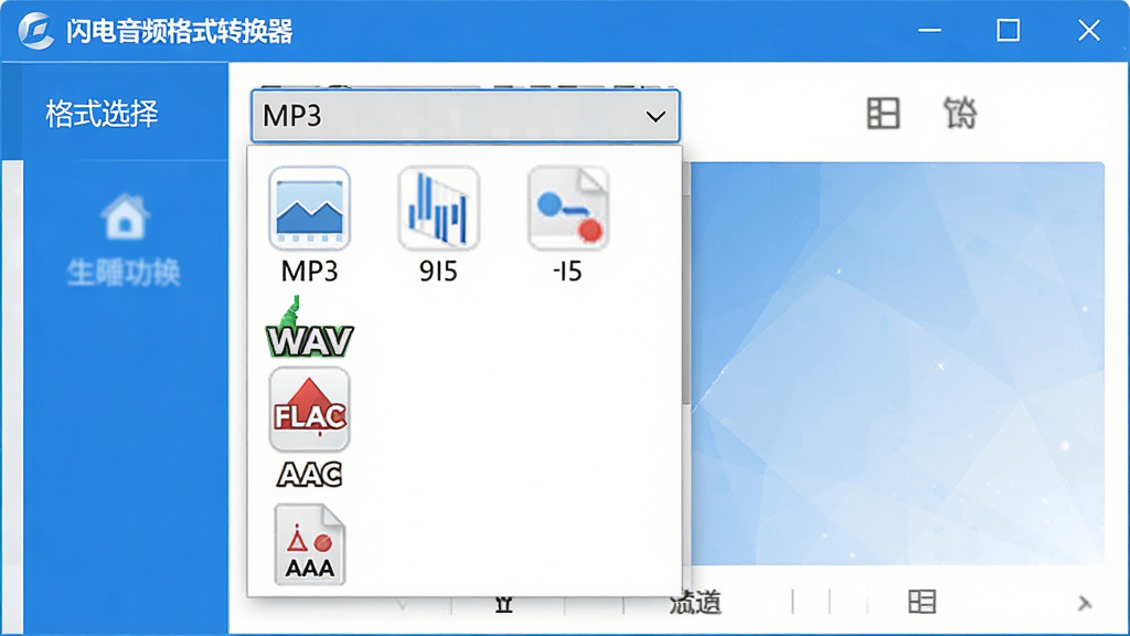 软件功能界面截图,画面中显示“闪电音频格式转换器”的格式选择下拉菜单,列出MP3、WAV、FLAC、AAC等多种格式图标,界面布局清晰,蓝白配色,干净整洁,高清画质