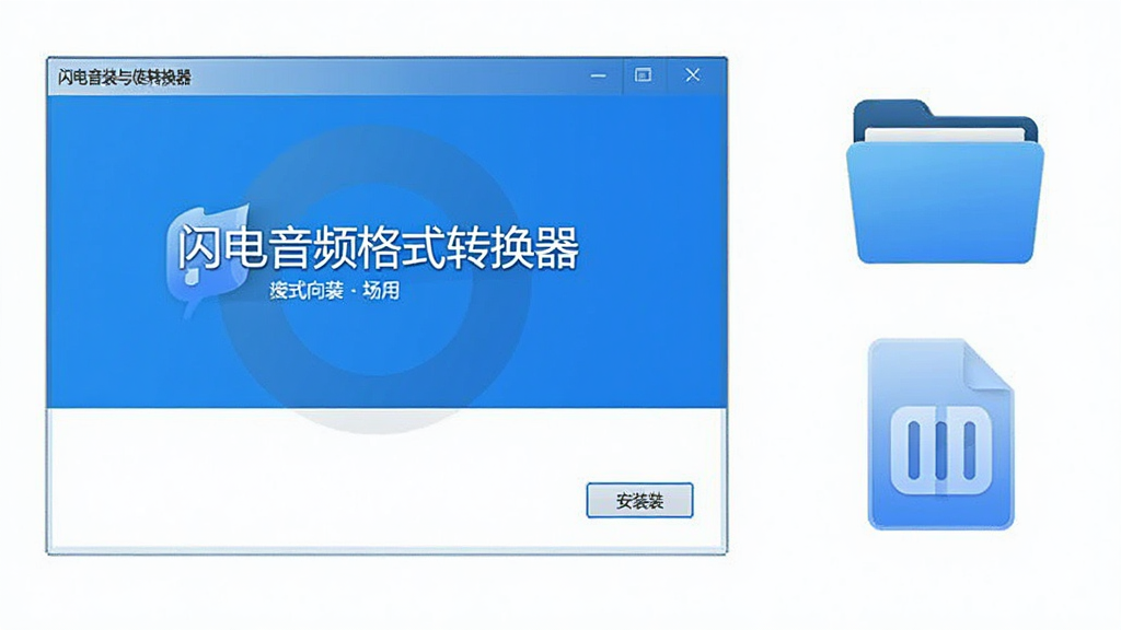 软件安装与使用场景,画面中“闪电音频格式转换器”安装向导界面,旁边显示文件夹图标和音频文件图标,风格简洁,蓝白配色,干净整洁,高清画质