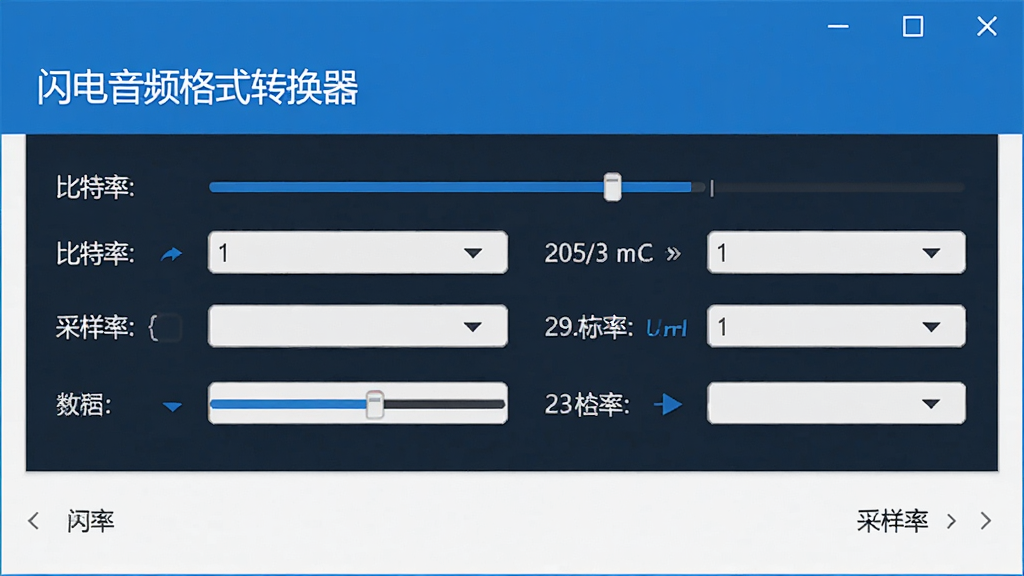 软件音质设置界面,画面中“闪电音频格式转换器”的参数调节面板,显示比特率、采样率等选项,界面专业简洁,蓝白配色,干净整洁,高清画质