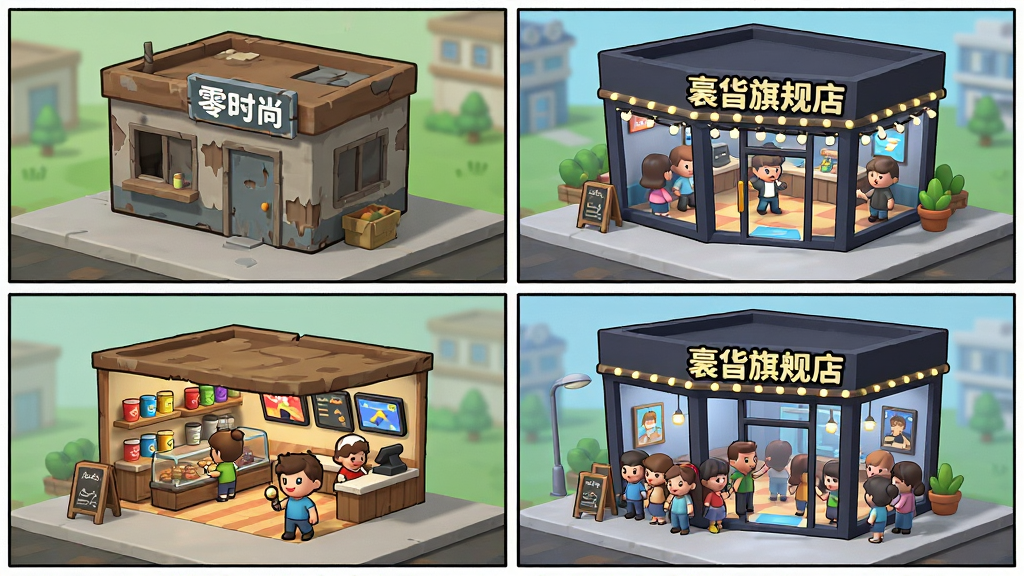 一幅展示零时尚游戏店铺扩张升级的场景图,画面主体是游戏内从简陋小店到豪华旗舰店的演变过程,布局为四格漫画式排版,风格为卡通经营模拟风格,细节包括不同规模的店铺外观、内部陈设、顾客数量变化,画质高清干净,无多余元素。