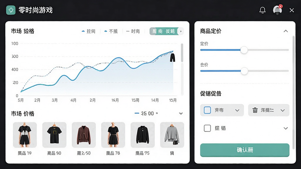 一幅展示零时尚游戏经营策略界面的场景图,画面主体是游戏内的市场行情面板和商品定价界面,布局为左右分栏,左侧显示各类服饰的价格走势图,右侧为定价滑块和促销选项,风格为简洁现代的UI设计,细节包括折线图、商品缩略图、确认按钮,画质高清干净,无多余元素。