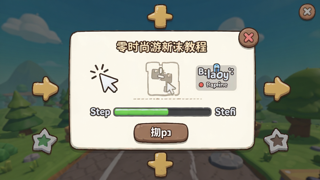 一幅展示零时尚游戏新手引导界面的场景图,画面主体是游戏内的教程弹窗和操作提示面板,布局为居中弹窗加四周指引箭头,风格为友好亲和的卡通UI风格,细节包括鼠标点击图标、键盘按键提示、步骤进度条、跳过按钮,画质高清干净,无多余元素。