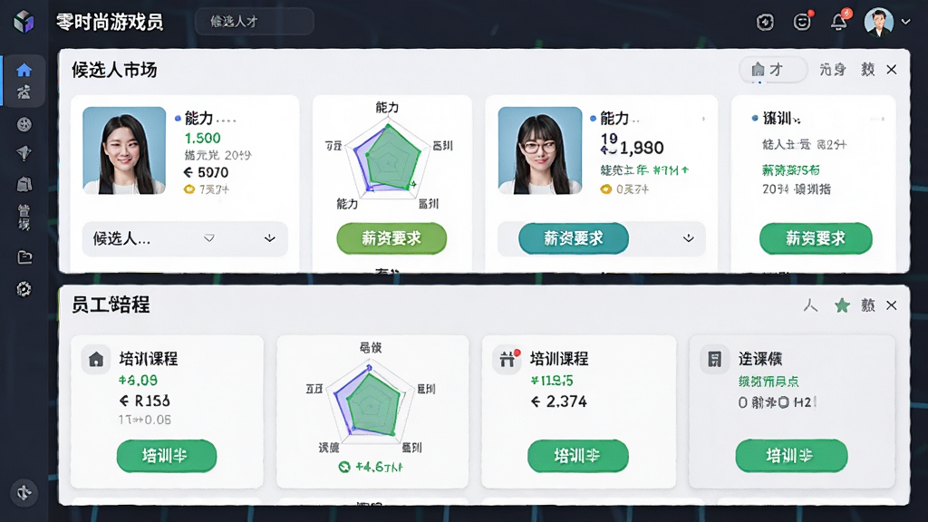 一幅展示零时尚游戏员工管理界面的场景图,画面主体是游戏内的人才市场和员工培训面板,布局为上下结构,上方为候选人列表,下方为培训课程选项,风格为明快商务的UI设计,细节包括员工头像、能力雷达图、薪资要求、培训按钮,画质高清干净,无多余元素。
