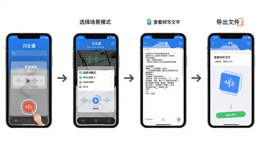 画面展示“闪企通”应用的操作流程示意图,从左到右依次为点击录音按钮、选择场景模式、查看转写文字、导出文件四个步骤,每个步骤用手机界面缩略图表示,中间用箭头连接,背景为纯白色,风格简洁明快,排版横向排列,画质清晰干净