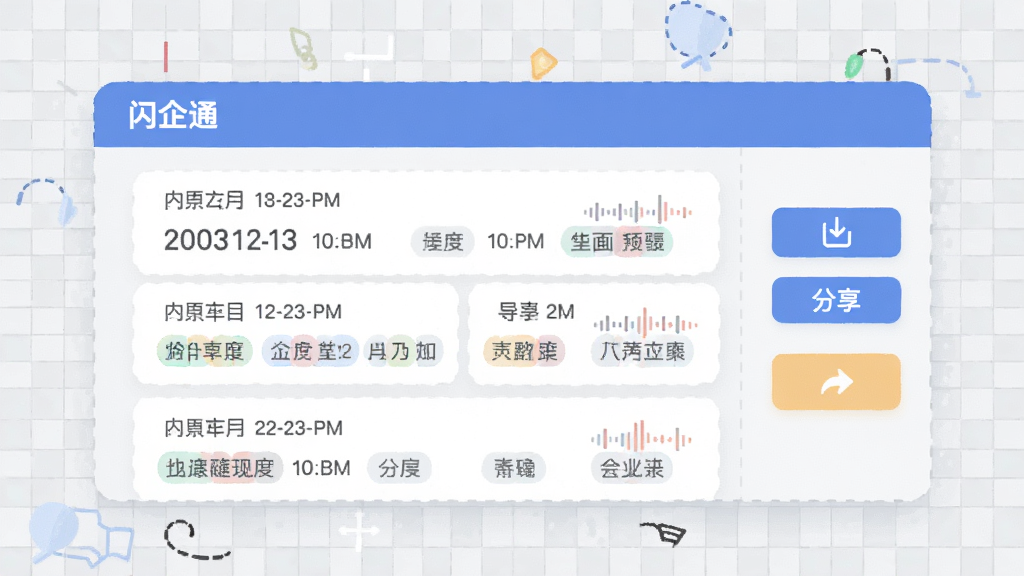 画面中央为“闪企通”应用的文件管理界面截图风格插画,界面中排列着多条录音文件卡片,卡片上标注日期、时长与标签,右侧有导出和分享按钮,背景为浅灰色网格,整体采用扁平化设计,配色清爽,排版整齐,画质干净无杂乱元素