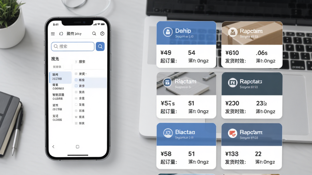 晨兔供应链智能货源匹配功能展示,画面左侧是手机屏幕显示搜索框和筛选条件,右侧是多个供应商卡片以瀑布流形式排列,每张卡片标注价格、起订量和发货时效,背景为浅灰色工作台场景,风格商务简约,细节清晰,画质干净,无多余元素