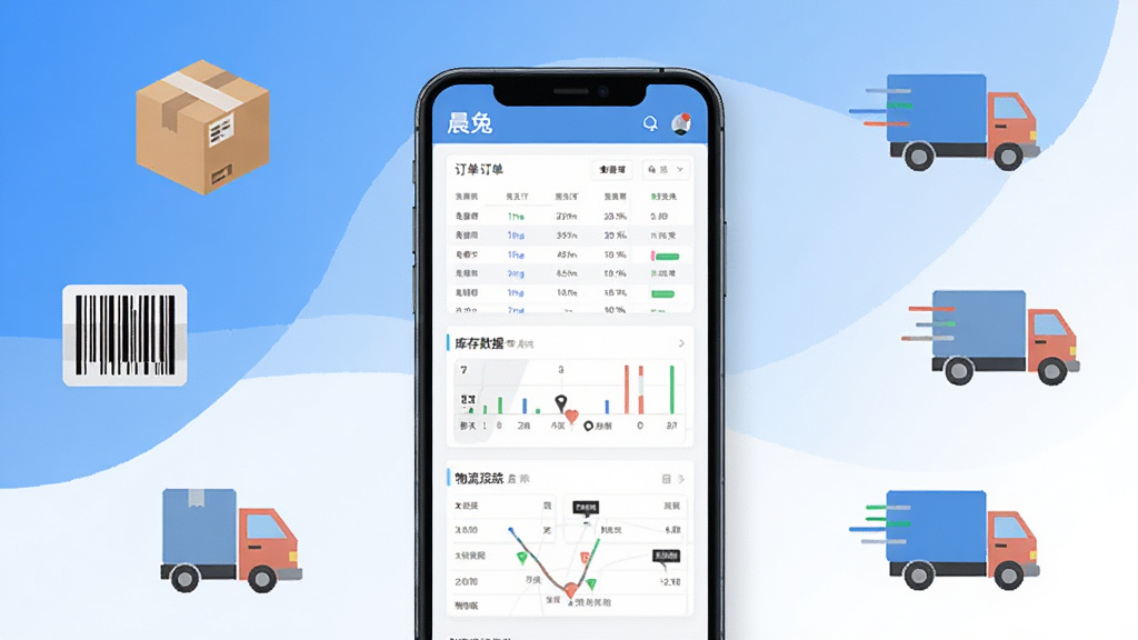 晨兔供应链软件主界面展示,画面中央是一部智能手机,手机屏幕上显示供应链管理仪表盘,包含订单列表、库存数据、物流追踪三大模块,背景为简洁的蓝白渐变色调,周围环绕着快递箱、条形码、货车等供应链元素图标,整体风格清爽现代,扁平化设计,画质清晰干净,无多余装饰元素