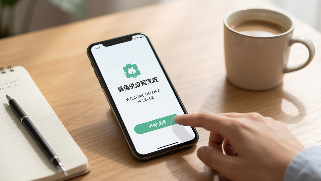 晨兔供应链新手操作指引插图,画面展示一部手机放在桌面上,屏幕显示软件安装完成后的欢迎页面,旁边有一只手正在点击