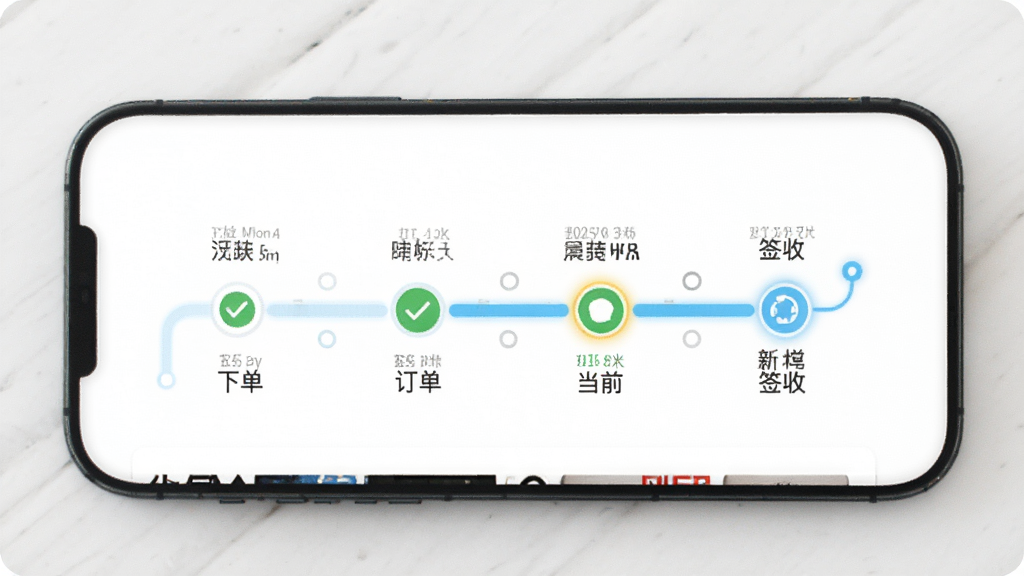 晨兔供应链订单追踪界面,手机屏幕显示一条订单的时间轴,从下单到签收共六个节点,已完成节点为绿色对勾,当前节点高亮显示,背景为白色简洁风格,搭配浅蓝色进度条,画质清晰,布局规整,无杂乱元素