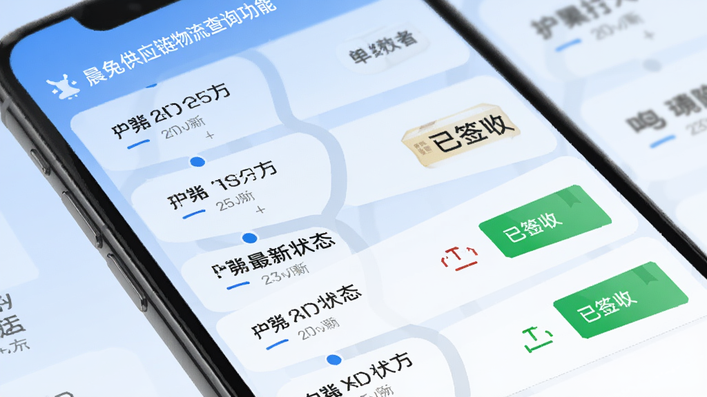 晨兔供应链物流查询功能,手机屏幕显示多个快递单号的物流轨迹列表,每条轨迹展示最新状态和更新时间,部分包裹显示已签收状态,背景为淡蓝色渐变,风格简洁商务,画质清晰,无多余元素