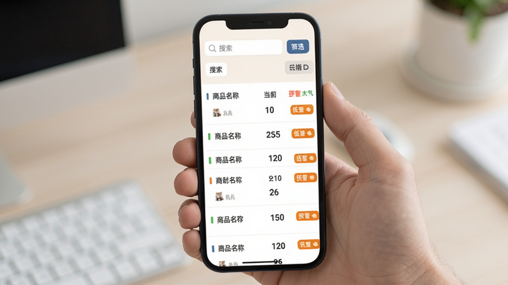 晨兔供应链库存管理页面,手机屏幕展示库存列表,每行显示商品名称、当前库存数量和预警状态,低库存商品以橙色标签标注,页面顶部有搜索栏和筛选按钮,背景为浅色系,风格清新素雅,画质干净,无多余装饰