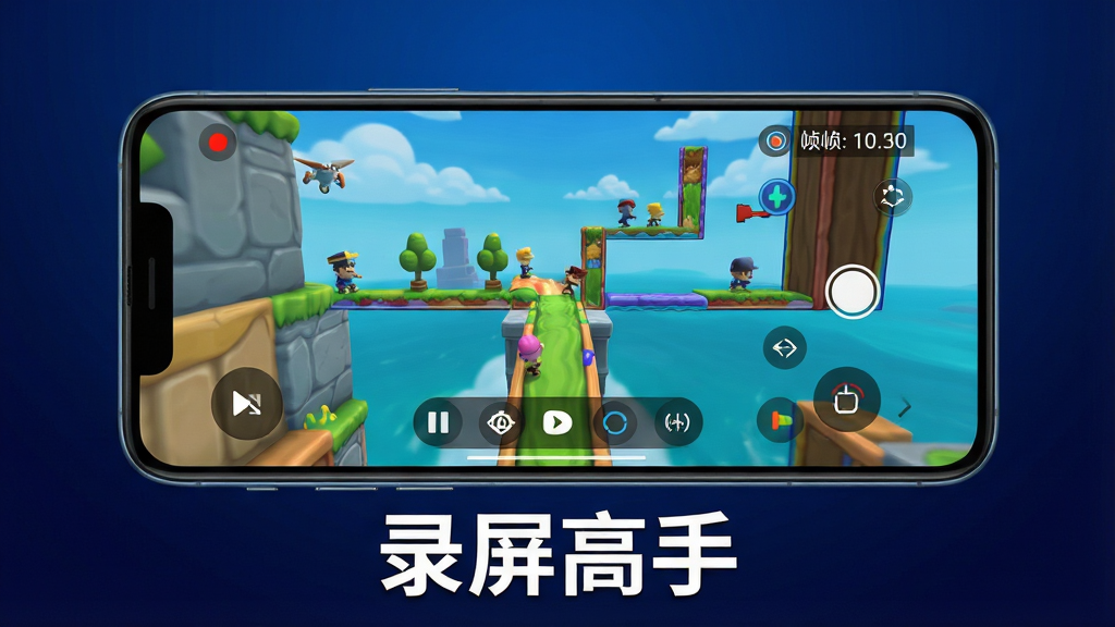主体是一部横向放置的安卓手机,屏幕上正在录制一款色彩鲜艳的跑酷游戏,画面流畅清晰;布局为手机居中,背景是深蓝色渐变;排版突出游戏画面与录制参数浮层;风格为电竞科技风;细节包括屏幕左上角的录制红点、右上角的帧率显示、底部的悬浮工具栏;画质为超清,画面干净,无多余元素,屏幕下方用白色字体标注
