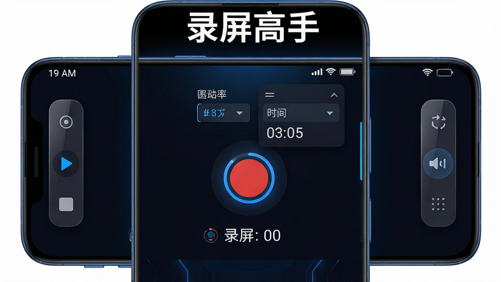 主体是一台安卓智能手机屏幕,屏幕中央显示录屏高手软件的录制界面,界面内有红色圆形录制按钮、分辨率选择菜单和时长计数器;布局采用居中构图,手机两侧有半透明的悬浮控制条;排版简洁直观,功能分区清晰;风格为现代科技感UI设计,深色背景搭配蓝色高光;细节包括屏幕边缘的圆角、按钮的微光反射、状态栏的时间与电量图标;画质为高清2K,画面干净,无多余元素,屏幕上方用白色字体写着