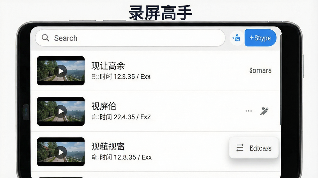 主体是安卓手机屏幕上的视频文件列表界面,每个条目左侧是视频缩略图,右侧是文件名、时长和大小信息;布局为垂直列表,顶部有搜索框和排序按钮;排版整齐,条目之间有浅灰色分割线;风格为清爽的卡片式设计,白色背景搭配蓝色强调色;细节包括缩略图上的播放小图标、长按弹出的操作菜单;画质为高清,画面干净,无多余元素,列表顶部用深色字体标注