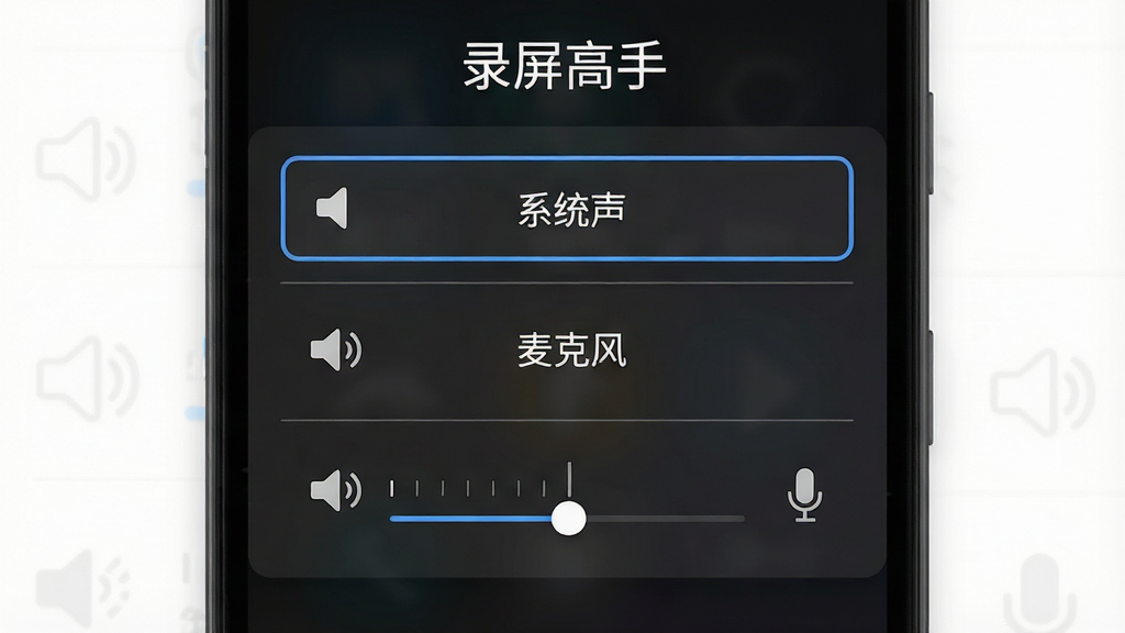 主体是安卓手机屏幕上的音频设置面板,面板上有三个选项按钮分别标注着系统声、麦克风、混音;布局为面板居中,背景是深色半透明遮罩;排版简洁,选项之间用细线分隔;风格为现代简约UI;细节包括选中项的高亮边框、音量滑块的刻度、扬声器与麦克风的图标;画质清晰,画面干净,无多余元素,面板顶部用白色字体写着