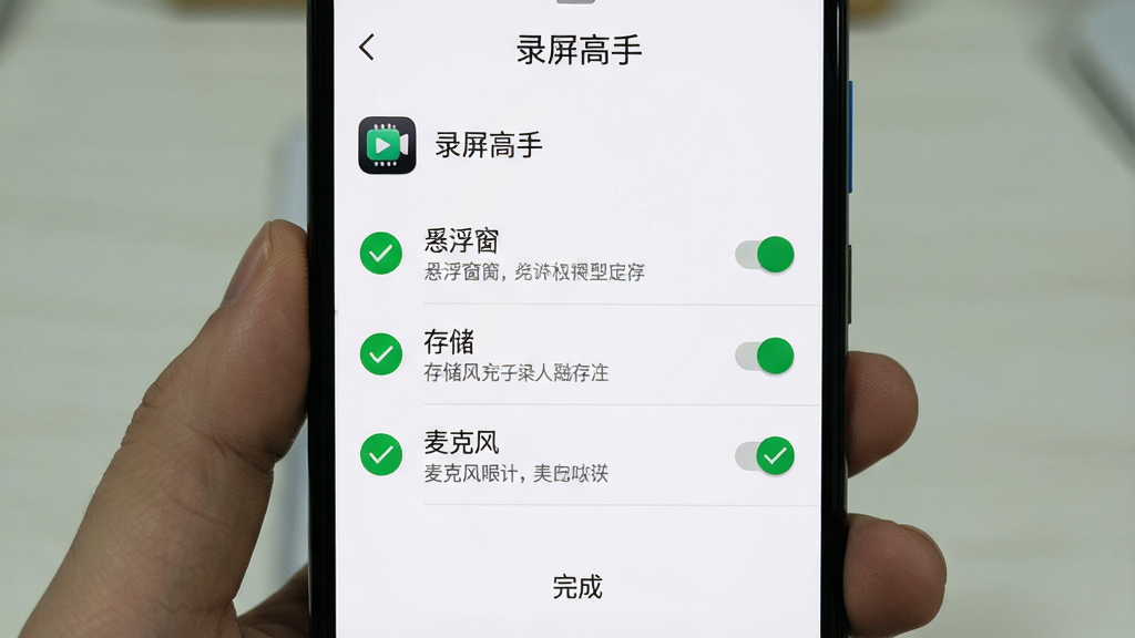 主体是安卓手机屏幕上的权限管理界面,列表中显示悬浮窗、存储、麦克风三项权限均被勾选为允许;布局为权限列表居中,顶部有应用图标和名称;排版清晰,每项权限右侧有开关按钮;风格为系统原生设置界面风格,白底黑字;细节包括绿色对勾图标、权限说明小字、底部的完成按钮;画质清晰,画面干净,无多余元素,顶部用黑色字体显示