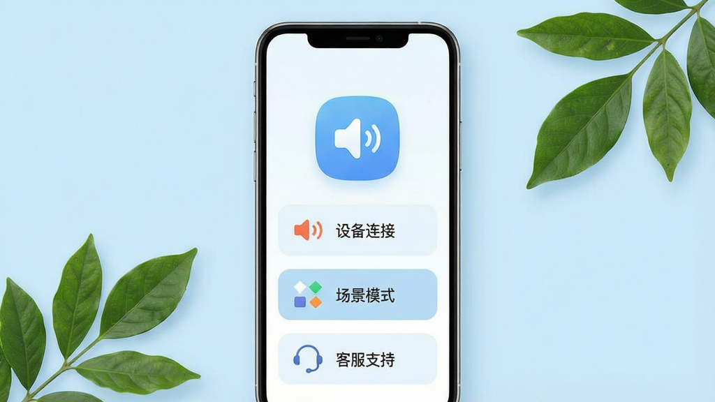一幅展示左点之声App首页界面的设计图,画面中一部手机竖屏放置,屏幕上显示着大号图标和清晰的文字标签,包括“设备连接”“音量调节”“场景模式”“客服支持”等按钮,背景是柔和的浅蓝色,手机旁边有几片绿叶点缀,象征健康与自然,风格清新简洁,排版整齐,画质干净,无多余元素。
