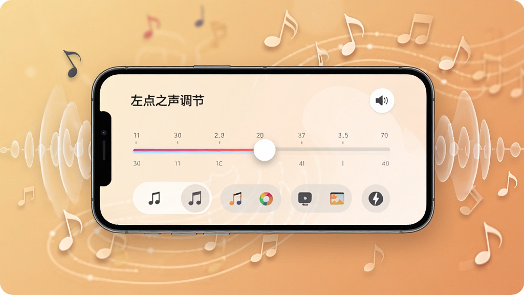 一幅展示左点之声App听力调节界面的场景图,画面中一部手机横屏放置,屏幕上显示着音量滑块和场景选择图标,手机周围环绕着代表声音的波纹和音符元素,背景是温馨的暖色调,细节包括滑块上的刻度数字和场景图标的小图案,风格现代科技感,排版简洁,画质清晰干净,无多余装饰。