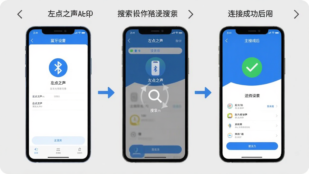 一幅展示左点之声App在手机上的操作流程图,画面分为三个部分,左侧是手机蓝牙设置界面,中间是左点之声App搜索设备界面,右侧是连接成功后的主界面,用箭头连接三个步骤,背景是浅灰色,风格扁平化图标设计,细节包括蓝牙图标、搜索动画和成功对勾,画质清晰,无多余元素。