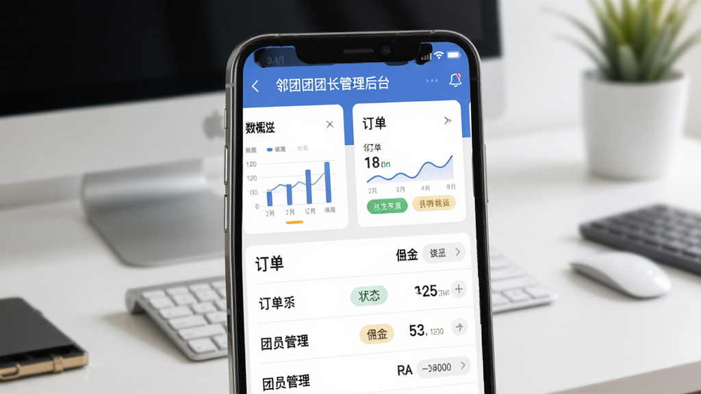 邻团团团长管理后台界面展示图,画面主体为手机屏幕中显示的邻团团APP团长管理页面,布局采用模块化卡片设计,上方为数据概览卡片,下方为订单列表与团员管理入口,背景为简约办公桌面场景,风格为商务扁平风格,细节包含数据图表、订单状态标签、佣金数字,画质清晰,干净,无多余元素