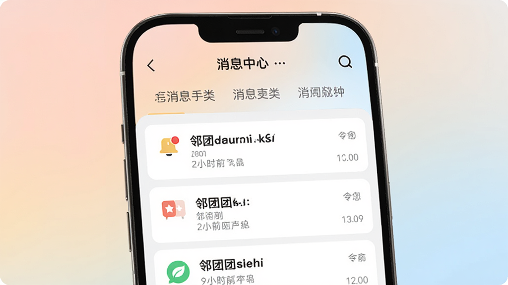 邻团团消息通知界面展示图,画面主体为手机屏幕中显示的邻团团APP消息中心页面,布局采用列表式排版,上方为消息分类标签,下方为消息卡片列表,背景为柔和渐变色彩,风格为现代简约风格,细节包含通知图标、未读红点、时间戳,画质清晰,干净,无多余元素