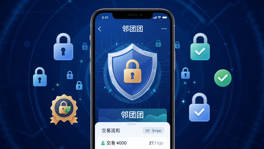 邻团团安全交易保障展示图,画面主体为手机屏幕中显示的邻团团APP支付安全页面,布局采用盾牌图标居中,周围环绕锁形图标与勾选标记,背景为深蓝色科技渐变,风格为安全科技风格,细节包含加密符号、认证徽章、交易流水,画质清晰,干净,无多余元素