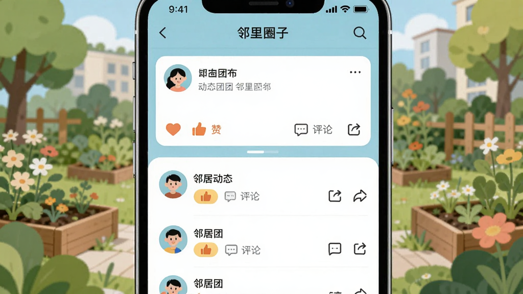 邻团团邻里互动界面展示图,画面主体为手机屏幕中显示的邻团团APP邻里圈子页面,布局采用上下结构,上方为动态发布框,下方为邻居动态列表,背景为社区花园场景,风格为清新扁平化风格,细节包含用户头像、点赞按钮、评论气泡、分享图标,画质清晰,干净,无多余元素
