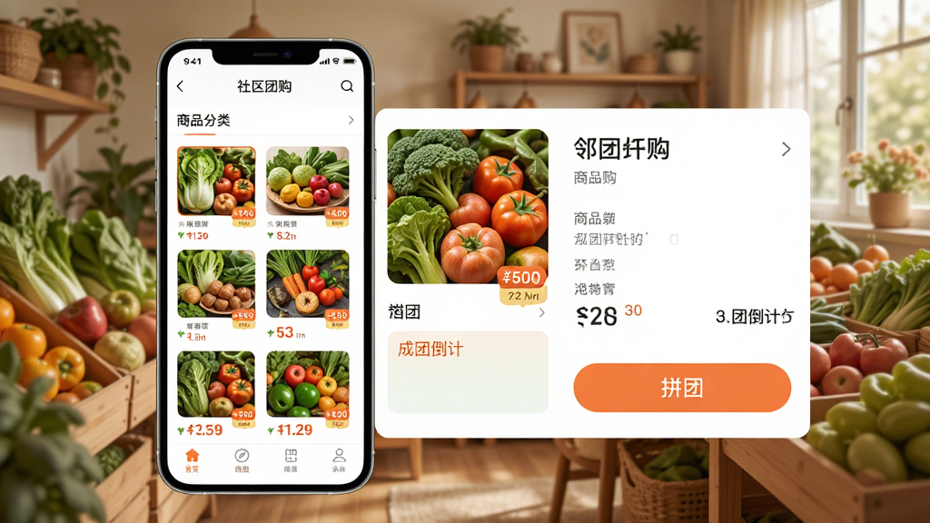 邻团团社区团购界面展示图,画面主体为手机屏幕中显示的邻团团APP团购页面,布局采用左右分栏,左侧为商品分类列表,右侧为商品详情与拼团按钮,背景为温馨的社区场景,风格为写实UI风格,细节包含生鲜果蔬图片、价格标签、成团倒计时,画质清晰,干净,无多余元素