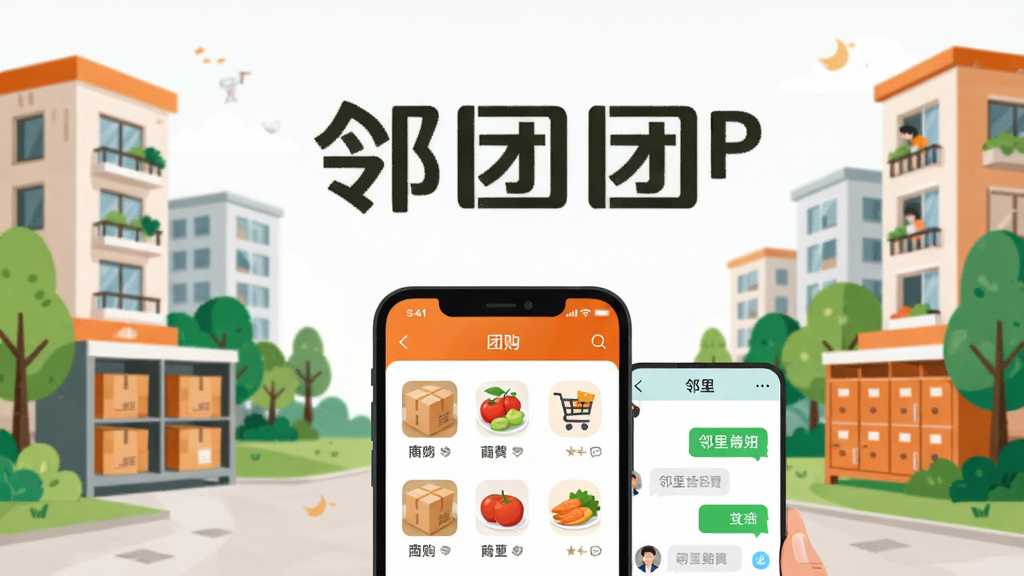 邻团团APP官方宣传图,画面中央为邻团团软件名称文字,背景为现代化社区场景,包含居民楼、绿植、快递柜与手机界面悬浮展示,布局采用居中构图,上方留白放置软件名称,下方展示手机屏幕中的团购商品列表与邻里聊天界面,风格为扁平化插画风,色彩以橙色和绿色为主,细节包含商品图标、购物车、对话气泡,画质清晰,干净,无多余元素