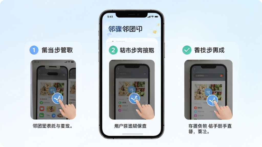 邻团团新手操作指引图,画面主体为手机屏幕中显示的邻团团APP新手指引页面,布局采用分步图示,上方为步骤标题,下方为操作截图与说明文字,背景为浅色渐变,风格为清新教程风格,细节包含手指点击图标、步骤序号、勾选标记,画质清晰,干净,无多余元素