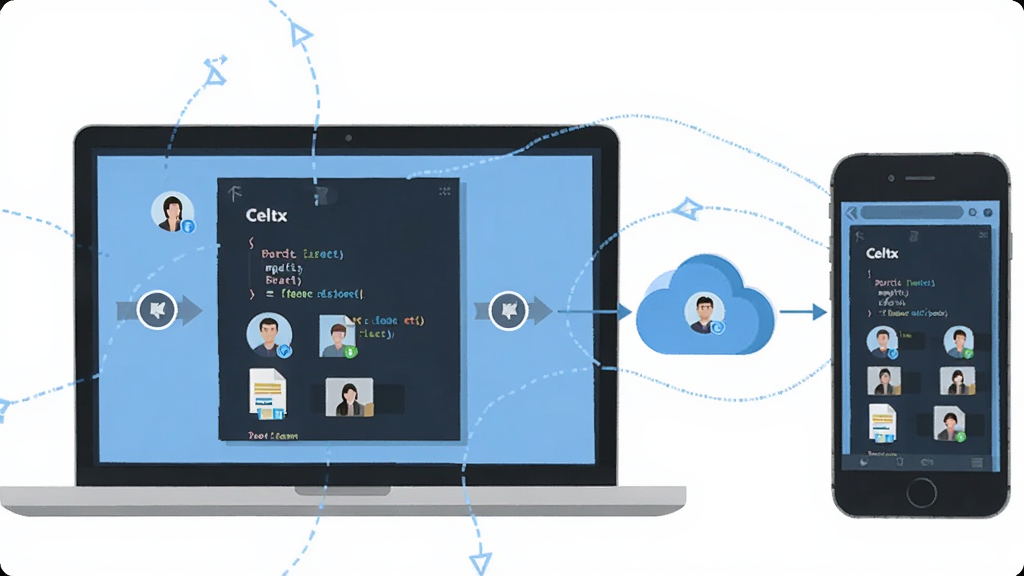 Celtx�ƶ�ͬ����Э������չʾ��������һ̨�ʼǱ�������һ���ֻ�ͨ����ͼ�����ӣ���Ļ����ʾͬһ�ݾ籾�ļ������Ϊ��ƽ���Ƽ��廭���ϸ�ڰ���ͬ����ͷ���û�ͷ���ļ�����ͼ�����������ɾ��޶���Ԫ��