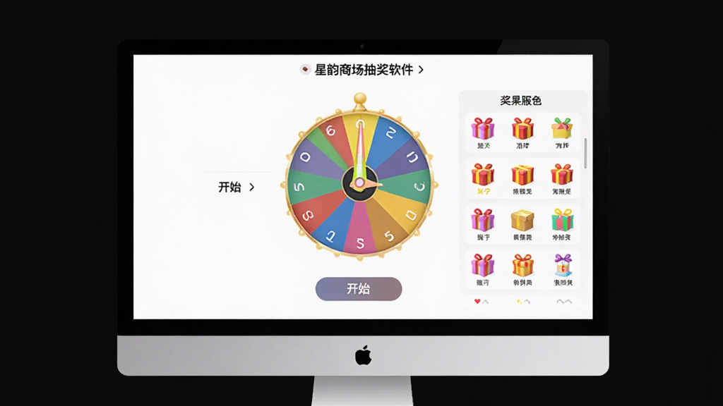 星韵商场抽奖软件主界面预览图,主体为电脑屏幕显示抽奖转盘和奖品列表,布局居中,排版整齐,风格现代简约,细节包含彩色转盘指针、奖品图标和开始按钮,画质清晰,干净,无多余元素