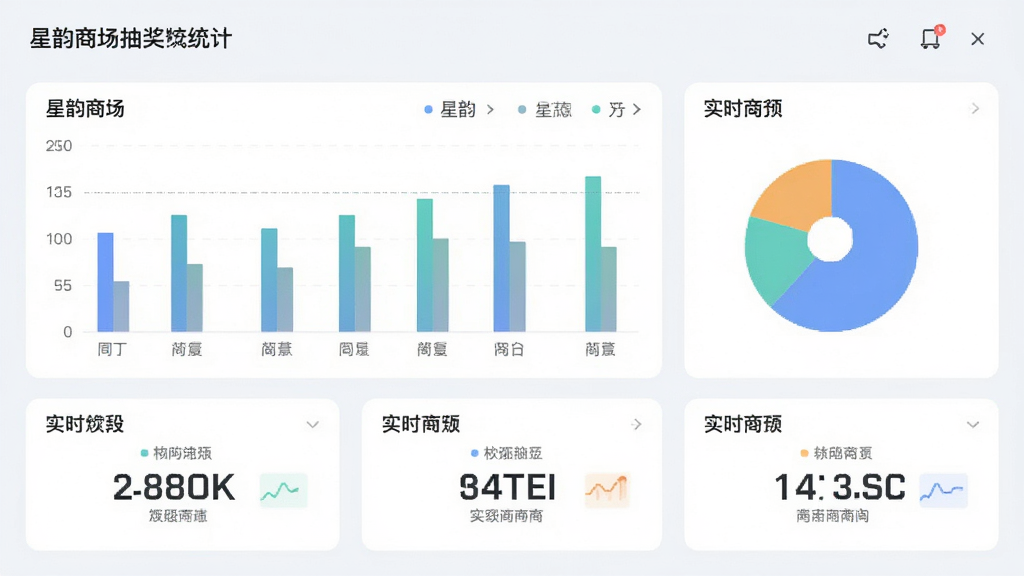 星韵商场抽奖数据统计面板,主体为图表和数字卡片,布局上下结构,排版规整,风格清爽浅色,细节包含柱状图、饼图和实时数字,画质清晰,干净,无多余元素