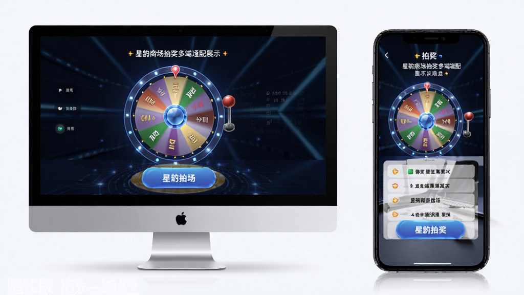 星韵商场抽奖多端适配展示图,主体为电脑和手机并排显示抽奖页面,布局横向排列,排版对称,风格现代科技感,细节包含屏幕内的转盘和按钮,画质清晰,干净,无多余元素