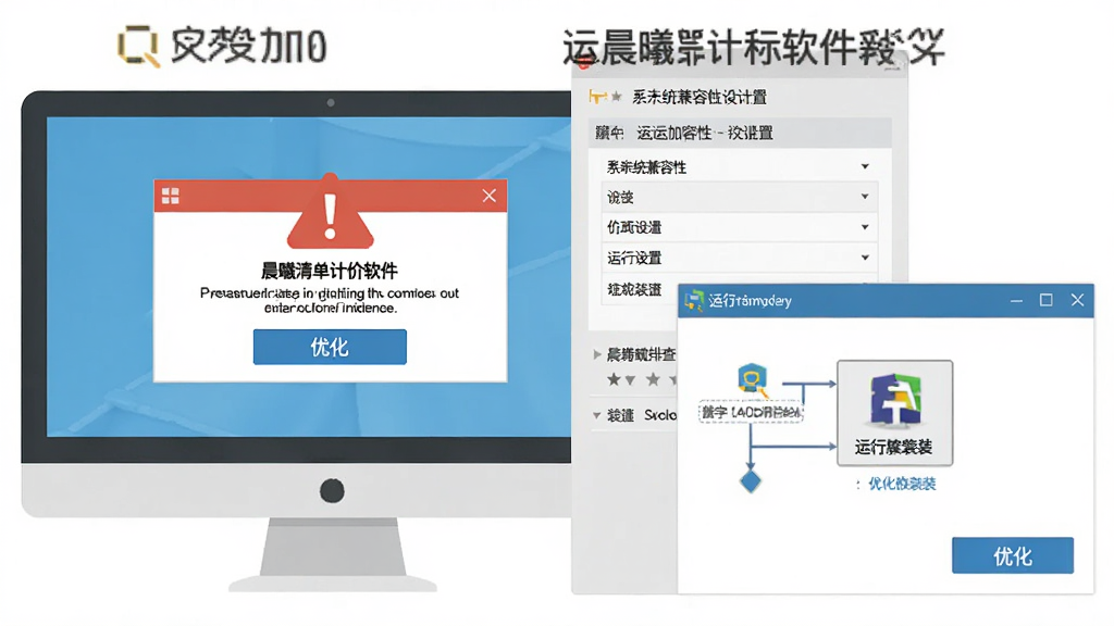 晨曦清单计价软件运行故障排查示意图,画面显示电脑屏幕弹出错误提示窗口,旁边有系统兼容性设置面板与运行库安装界面,风格扁平化教学插图,细节包含红色警示标志与蓝色优化按钮,画质清晰,无杂乱背景
