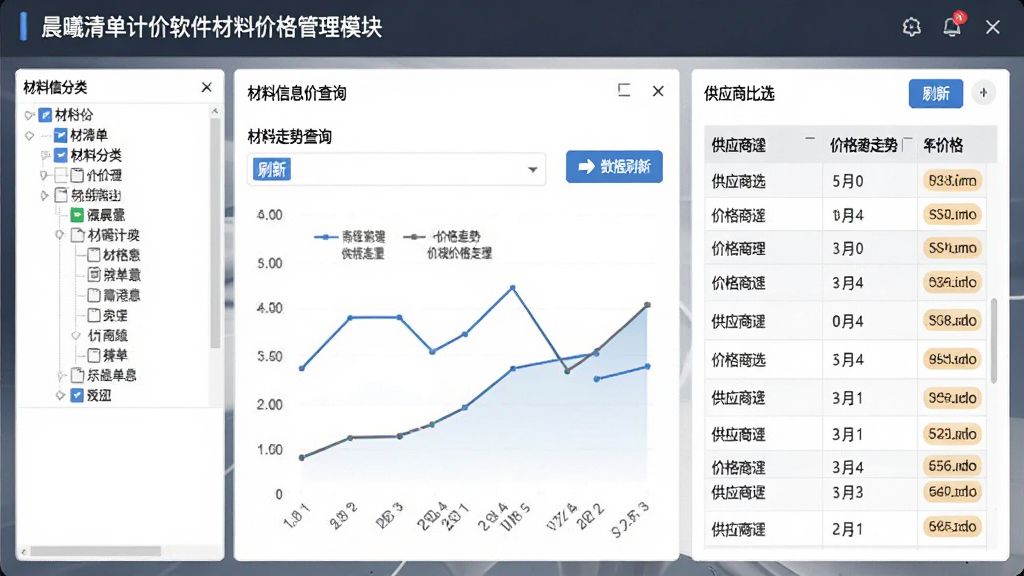 晨曦清单计价软件材料价格管理模块界面,画面展示材料信息价查询窗口与价格走势折线图,左侧为材料分类树,右侧为供应商比选表格,风格现代商务,细节包含数据刷新按钮与价格标签,画质高清,干净整洁