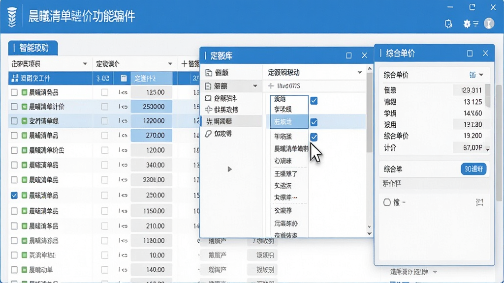 晨曦清单计价软件界面中智能清单编制功能演示,画面显示清单项列表与定额库联动窗口,鼠标指针拖拽清单项,右侧弹出综合单价计算面板,界面风格简洁专业,色调以蓝白为主,细节包含数据高亮与勾选标记,画质清晰,无杂乱元素