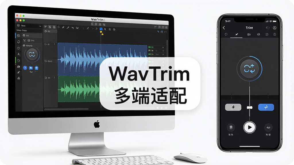 一张展示WavTrim在电脑和手机上同时运行的合成图片,主体为左侧电脑屏幕显示波形编辑界面,右侧手机屏幕显示移动端剪辑界面,布局左右对比,排版清晰,风格为现代科技感,细节包括电脑端工具栏、手机端触控按钮、同步图标,画质高清,画面干净,无多余元素,图片中央标注“WavTrim 多端适配”