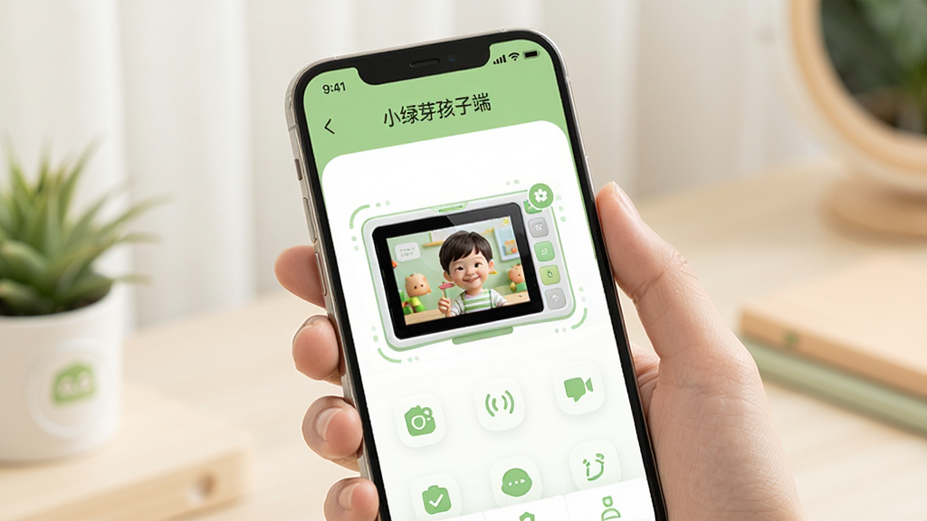 一张展示“小绿芽孩子端”远程截屏功能的示意图,画面中一只手拿着手机,手机屏幕上显示孩子设备的屏幕画面缩略图,界面以浅绿色和白色为主,风格科技感与温馨感并存,布局简洁,细节上画面清晰、图标精致,画质干净,无多余元素