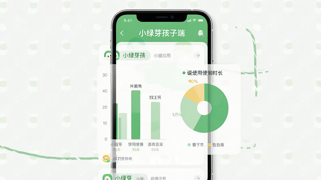 一张儿童手机使用时长统计图表的示意图,画面中央是一块手机屏幕,屏幕上显示“小绿芽孩子端”的统计页面,用柱状图和饼图展示不同应用的使用时长占比,配色以绿色和浅色为主,背景干净整洁,风格简约现代,细节上图表标注清晰、数据一目了然,画质干净,无多余元素
