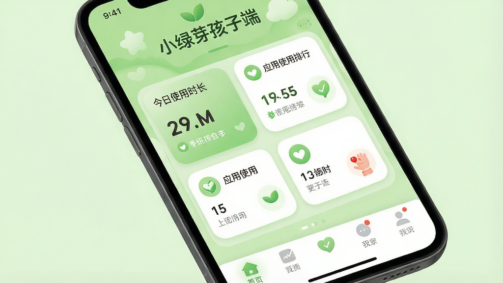 一张展示手机屏幕的图片,屏幕上显示“小绿芽孩子端”应用的主界面,界面采用浅绿色调,上方有“小绿芽孩子端”文字标识,中间区域展示今日使用时长、应用使用排行等卡片式信息,下方有底部导航栏,整体布局简洁清晰,风格清新自然,细节上图标圆润、字体清晰,画质干净明亮,无多余元素