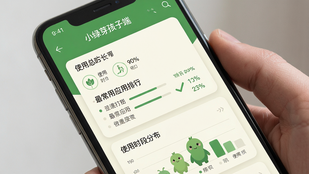 一张展示“小绿芽孩子端”应用使用报告页面的图片,画面中手机屏幕上显示周报告卡片,包含使用总时长、最常用应用排行、使用时段分布等信息,配色以绿色和米白色为主,风格清新雅致,布局整齐,细节上文字清晰、图标简洁,画质干净,无多余元素