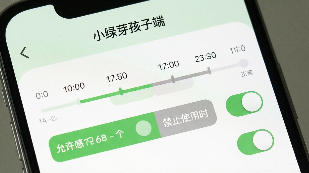 一张展示“小绿芽孩子端”时段设置界面的图片,画面中手机屏幕上显示时间轴和开关按钮,时间段用绿色和灰色区分允许与禁止使用时段,界面风格清新柔和,布局清晰,细节上按钮圆润、文字标注明确,画质干净,无多余元素