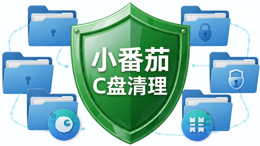 一张盾牌与文件夹结合的示意图,画面中央是一个绿色盾牌图标,盾牌上写着“小番茄C盘清理”,盾牌周围环绕着被保护的文件夹和系统图标,整体布局居中对称,风格安全防护主题,细节上盾牌有光泽感,画质清晰,干净,无多余元素