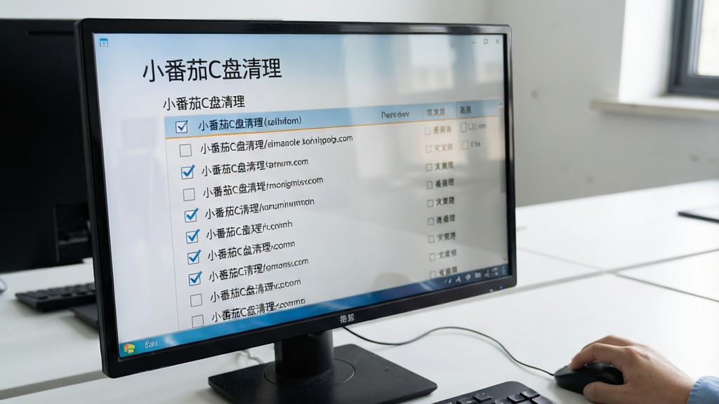 一张电脑屏幕特写图,屏幕显示“小番茄C盘清理”的扫描结果列表,列表中有勾选框和文件路径,屏幕旁边有一只手握着鼠标,背景是简洁的办公桌面,整体布局以屏幕为中心,风格真实使用场景,细节上屏幕反光自然,画质清晰,干净,无多余元素