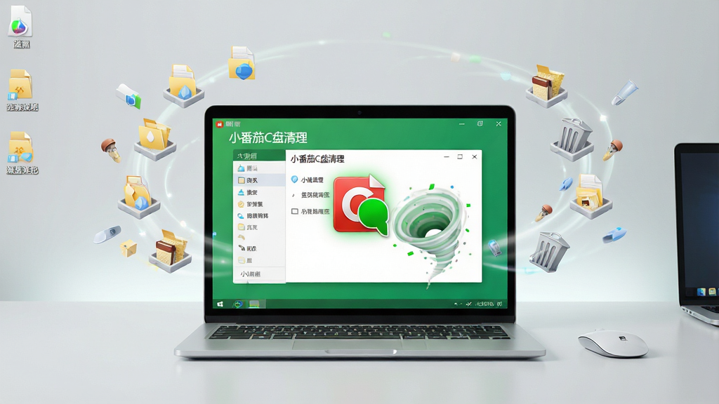 一张干净的电脑桌面全景图,画面中央放置着一台打开的笔记本电脑,屏幕显示绿色主题的磁盘清理软件界面,界面上清晰写着“小番茄C盘清理”字样,周围环绕着代表文件、缓存、垃圾的图标被吸入清理漩涡,整体布局居中对称,风格简洁科技,细节上突出C盘图标由红转绿的变化,画质清晰,干净,无多余元素