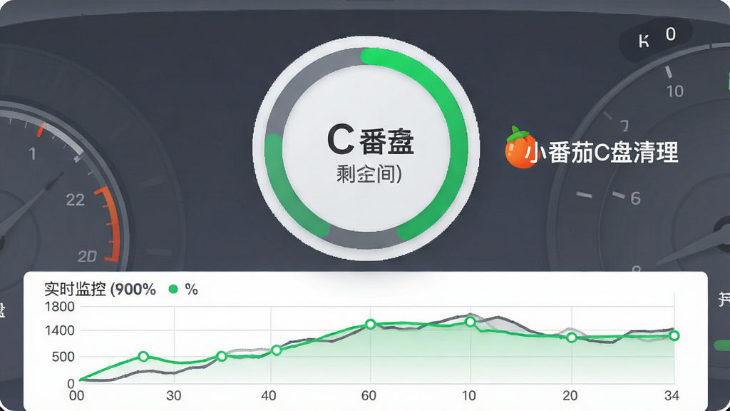 一张仪表盘风格的界面图,画面中央是一个圆环进度条,显示C盘已用和剩余空间比例,圆环旁边有“小番茄C盘清理”的logo,下方有实时监控曲线图,整体布局居中,风格现代仪表盘,细节上圆环用绿色和灰色区分,画质清晰,干净,无多余元素
